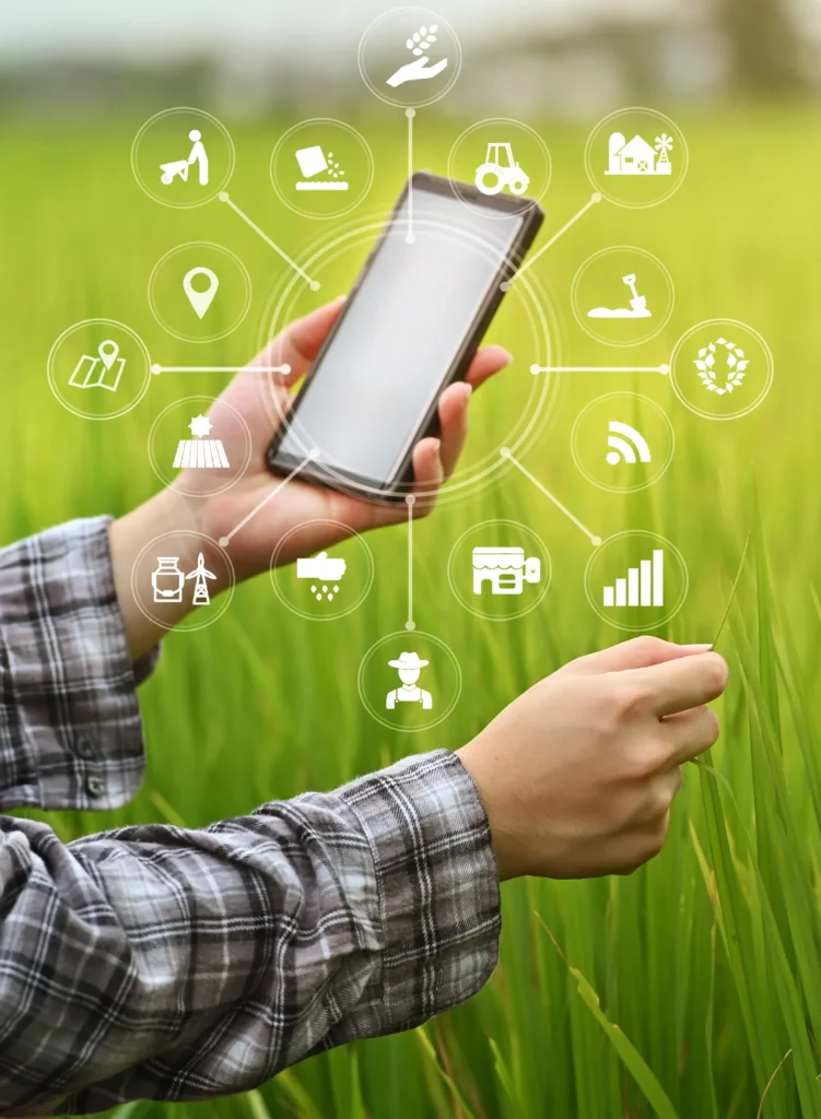 agriculture technology farmer man using smartphone analysis data visual icon