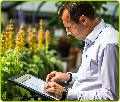 Man on his ipad outside in grass