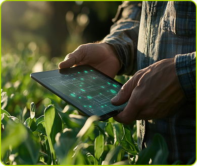 Man holding an ipad in a field