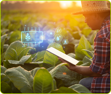 Man holding an ipad in a field and a ai graphic showing up