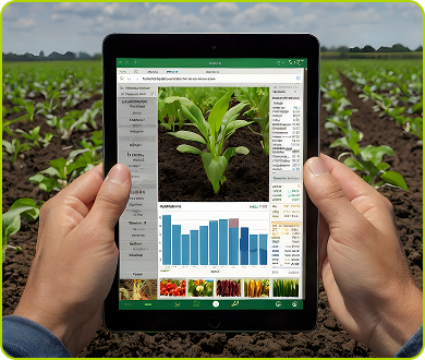 Hand holding ipad with graphs on a field.