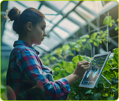 Woman in a green house with an ipad